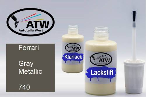 Ferrari, Gray Metallic, 740: 20ml Lackstift + 20ml Klarlack - Set, von ATW Autoteile West.